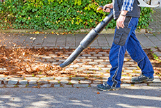 Man using a leaf blower to clear leaves from cobblestone path